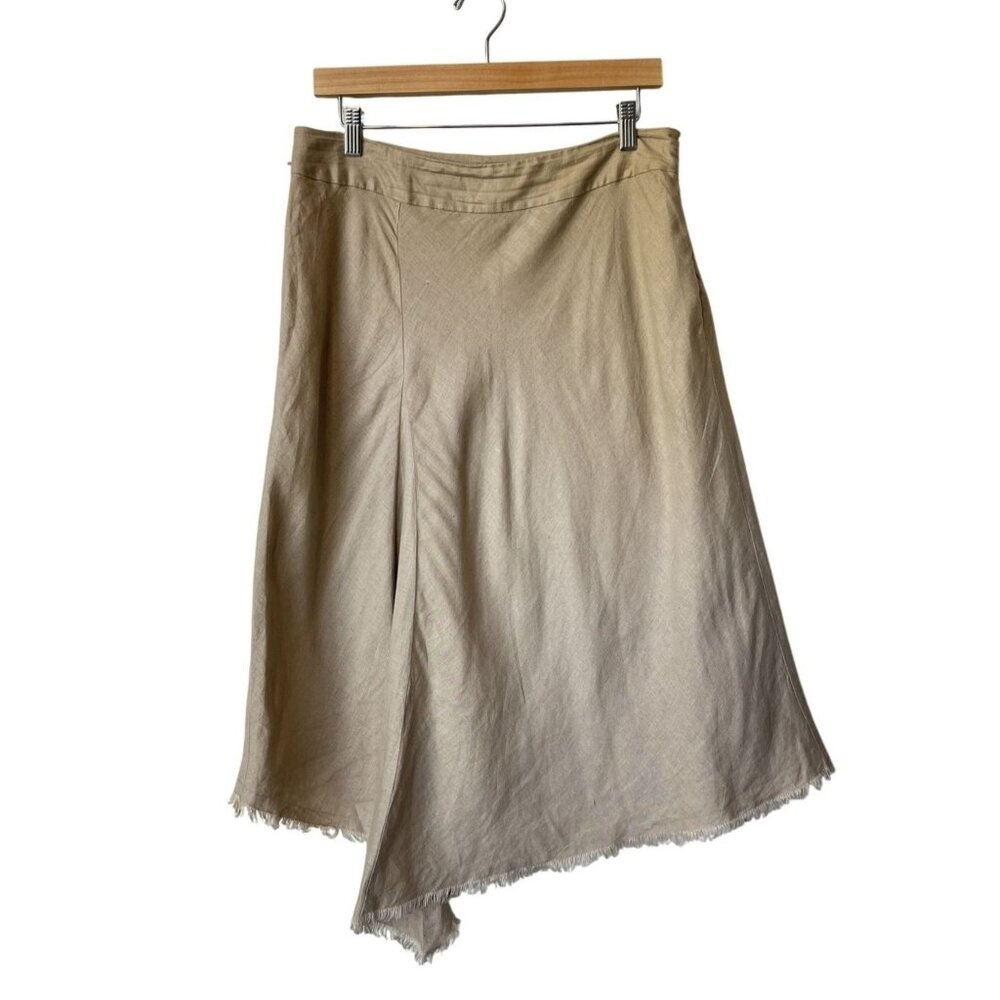 Style‎ & Co 100% Linen Midi Skirt 8P Asymmetrical Raw Hem Western Festival Khaki